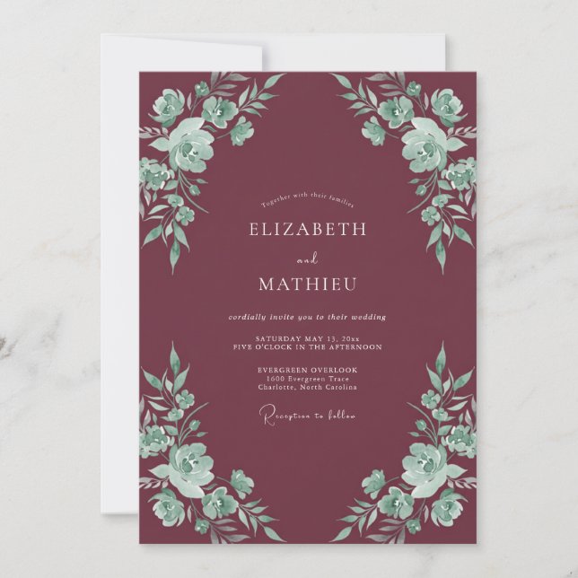 Invitation Mariage Feuilles de Menthe et Prune (Devant)