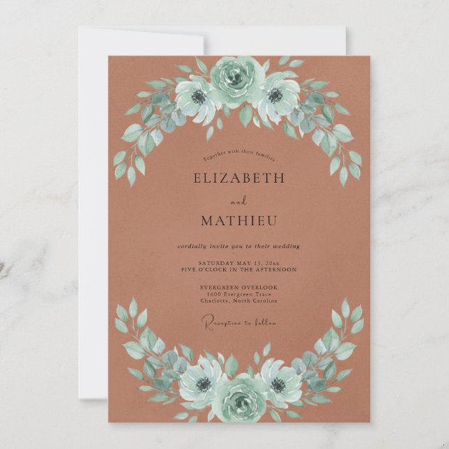 Invitation Mariage Feuilles de Menthe Rouille (Devant)
