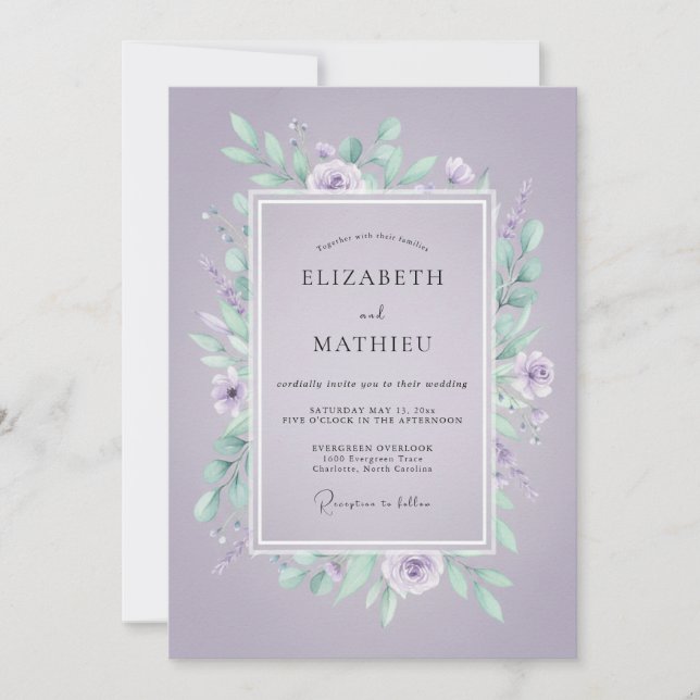 Invitation Mariage Feuilles de Menthe Violette (Devant)