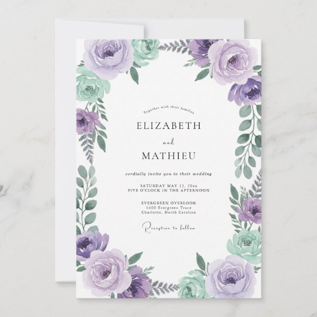 Invitation Mariage Feuilles de Menthe Violette (Devant)