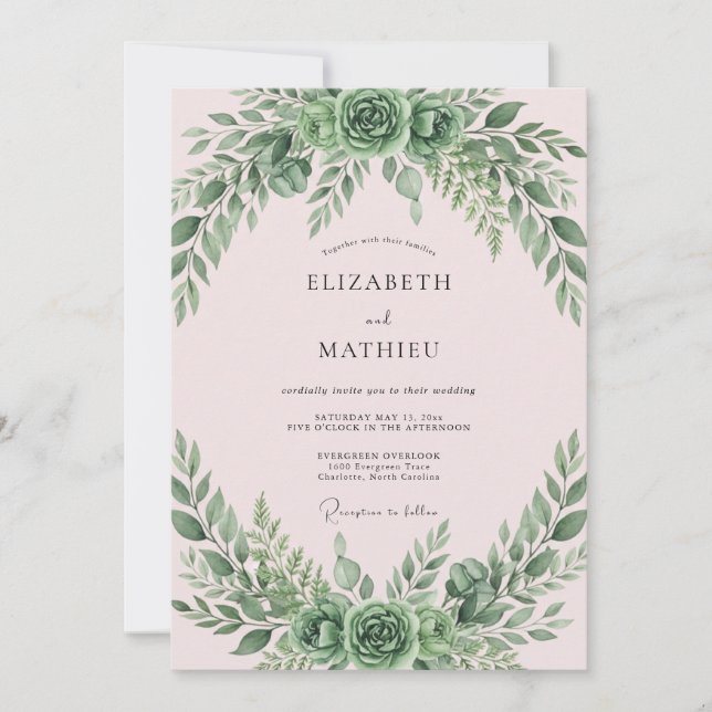 Invitation Mariage Feuilles de mousse rose (Devant)