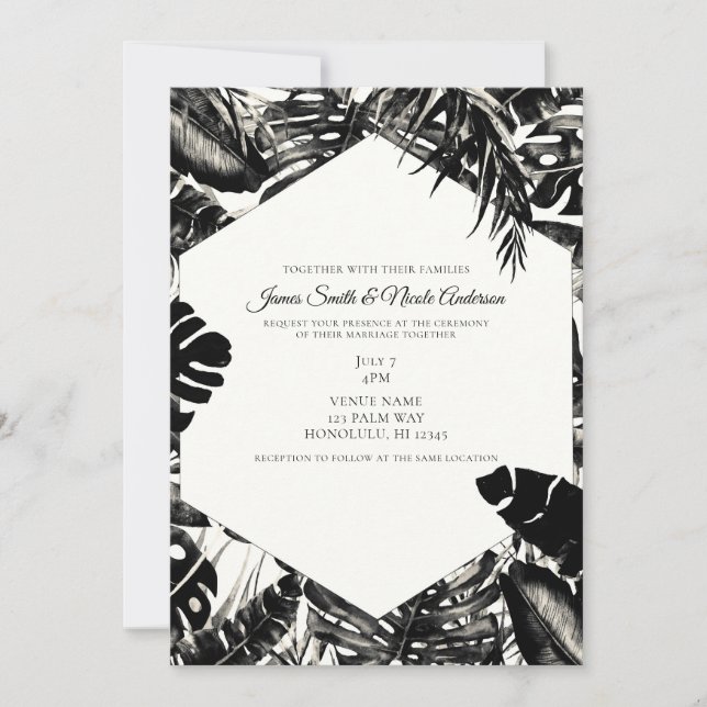 Invitation Mariage Feuilles de Palmiers Tropicales Noir & Bla (Devant)