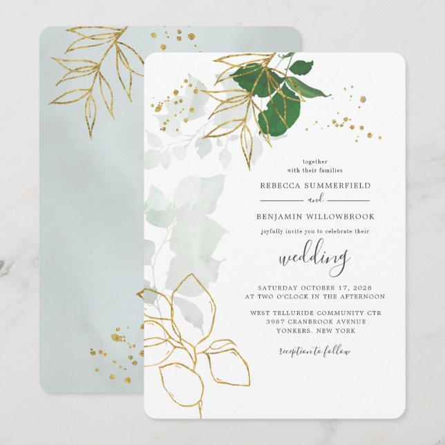 Invitation Mariage Feuilles de Papier D'or Eucalyptus Verdure (Devant / Derrière)
