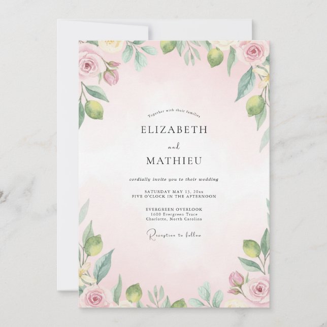 Invitation Mariage Feuilles de Pêche et Olive (Devant)