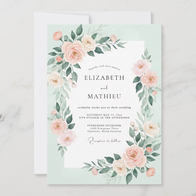 Invitation Mariage Feuilles de Pêche Mousse de Mer (Devant)