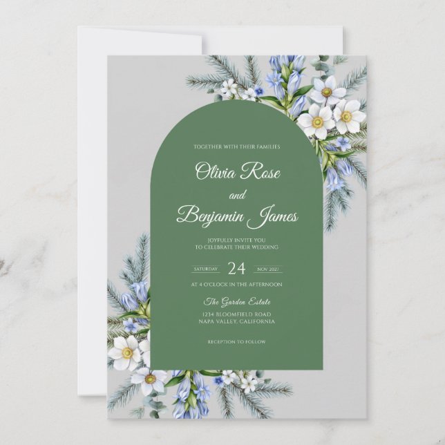 Invitation Mariage Feuilles de Periwinkle Olive (Devant)