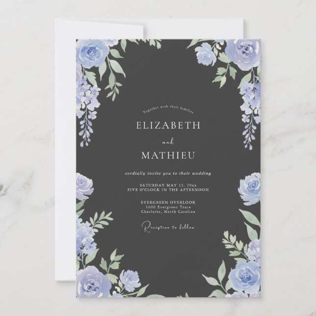 Invitation Mariage Feuilles de Pervenche au Charbon (Devant)