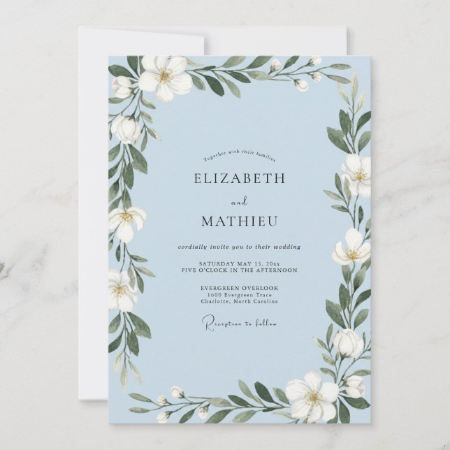Invitation Mariage Feuilles de Pervenche Chaud Blanc (Devant)