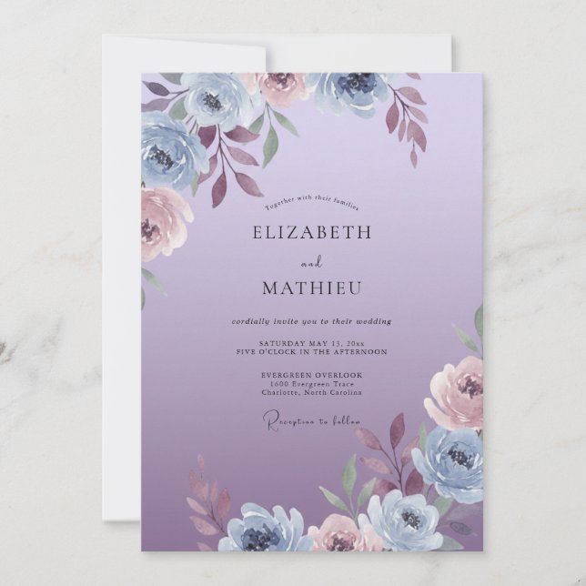Invitation Mariage Feuilles de Pervenche Lavande Poussiéreuse (Devant)