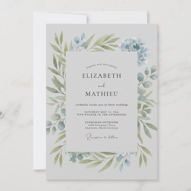 Invitation Mariage Feuilles de poudre azurée intemporelle (Devant)