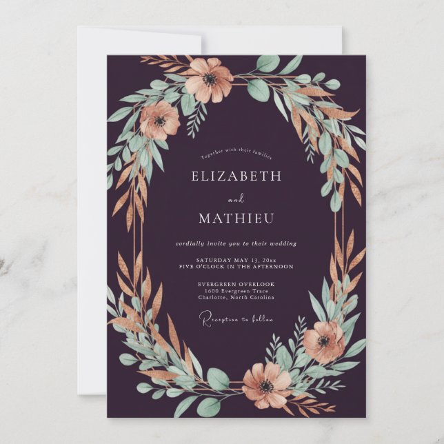 Invitation Mariage Feuilles de Prune et Pêche (Devant)