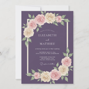 Invitation Mariage Feuilles de Rose Améthyste