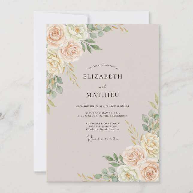 Invitation Mariage Feuilles de Sauge Champagne (Devant)