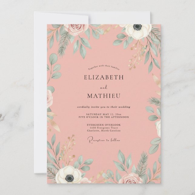 Invitation Mariage Feuilles de Saumon Poussiéreux (Devant)