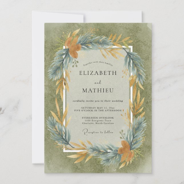Invitation Mariage Feuilles de Slate Olive (Devant)