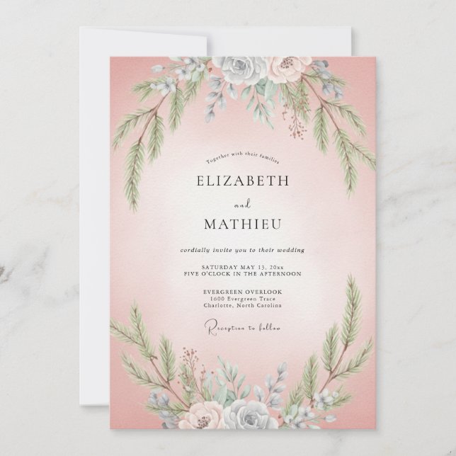 Invitation Mariage Feuilles de Slate Rosé (Devant)