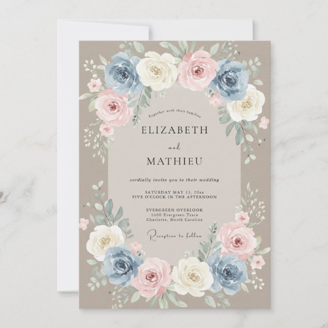 Invitation Mariage Feuilles de Taupe Abricot (Devant)