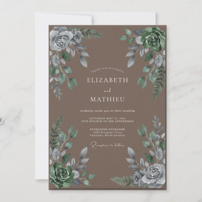 Invitation Mariage Feuilles de Taupe Argenté (Devant)