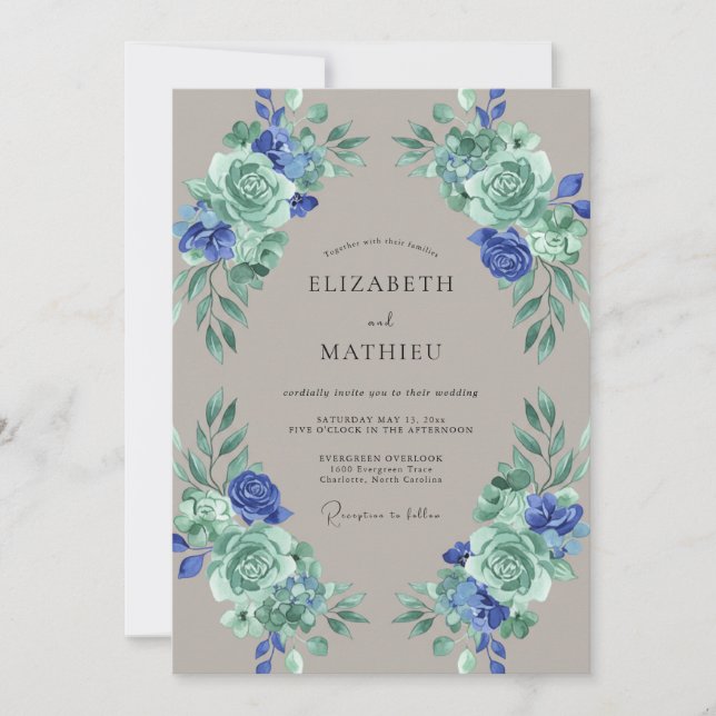 Invitation Mariage Feuilles de Taupe Azur (Devant)