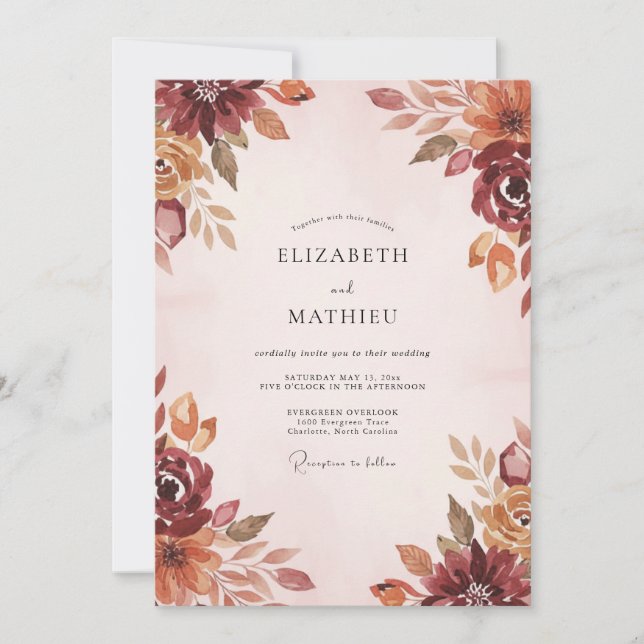 Invitation Mariage Feuilles de Terracotta Bourgogne (Devant)
