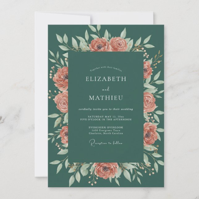 Invitation Mariage Feuilles de Terracotta Chaudes et Sarcelle (Devant)
