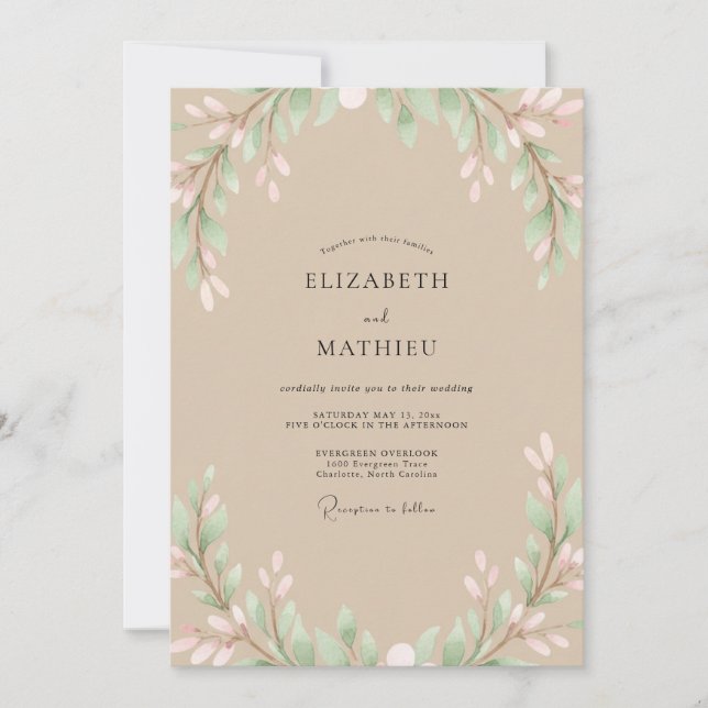 Invitation Mariage Feuilles de Toucher de Rose Beige (Devant)