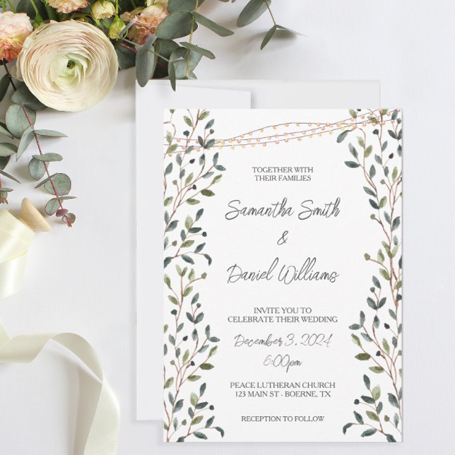 Invitation Mariage Feuilles de verdure à l'aquarelle (Pretty greenery and fairy lights decorate these wedding invitations.)