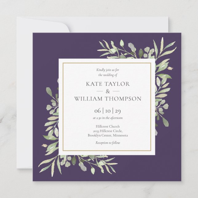 Invitation Mariage Feuilles de Verdure Aquarelle Rustique Vio (Devant)
