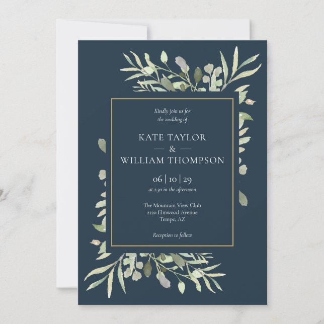 Invitation Mariage Feuilles de verdure bleu et or de haute me (Devant)