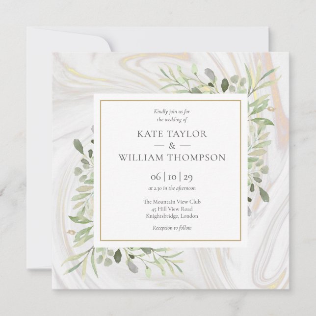 Invitation Mariage Feuilles de verdure Marbre Or Rose (Devant)