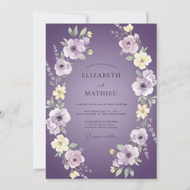Invitation Mariage Feuilles de Violette Pourpre de Prairie (Devant)