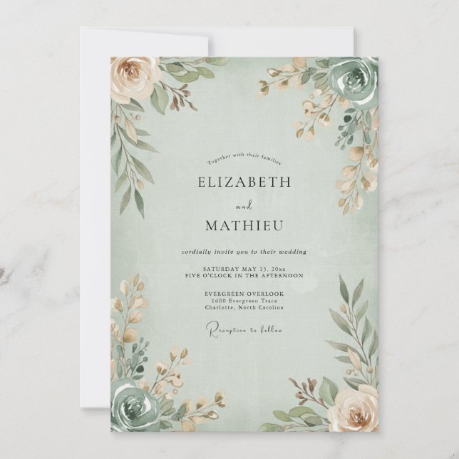 Invitation Mariage Feuilles deabricot Mousse de Mer (Devant)