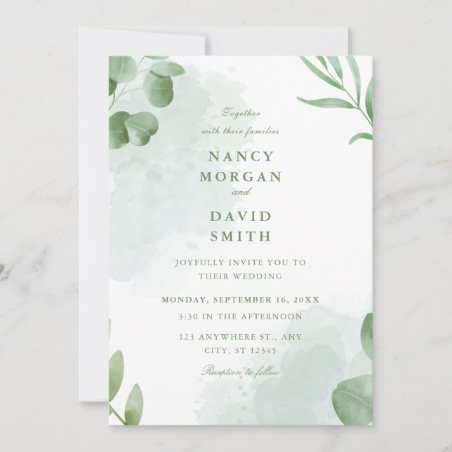 Invitation Mariage Feuilles d'Eucalyptus Aquarelle  (Devant)