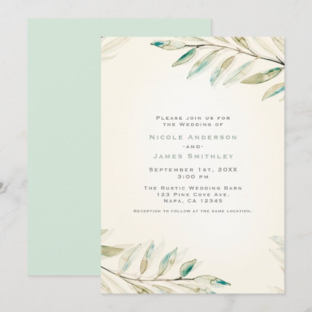 Invitation Mariage Feuilles d'Eucalyptus Végétal Moderne Vint (Devant / Derrière)