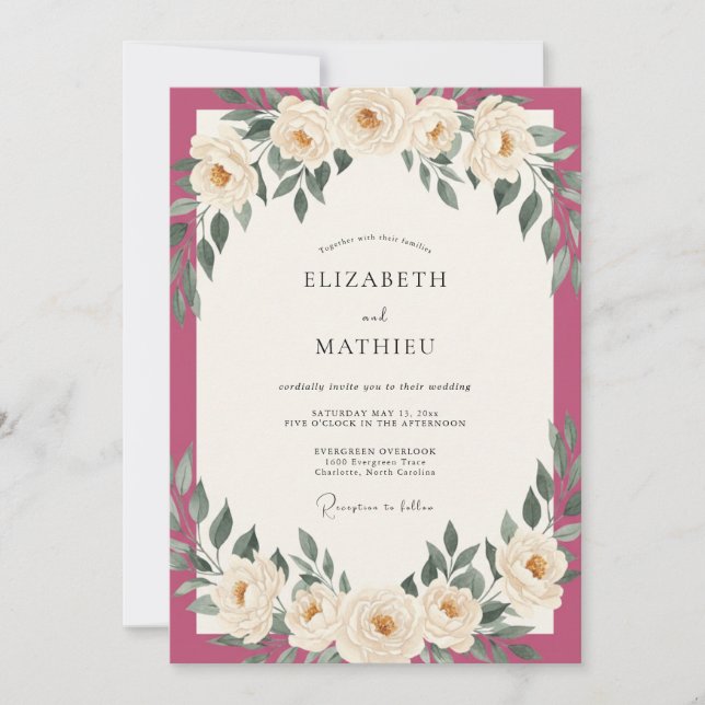 Invitation Mariage Feuilles d'Ivoire Magenta (Devant)