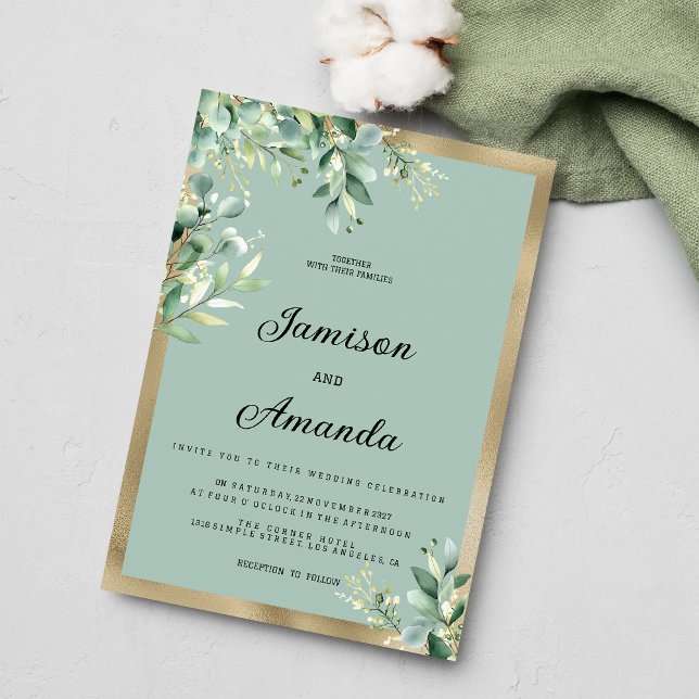 Invitation Mariage feuilles d'olive eucalyptus or mint rustiq (Rustic mint gold eucalyptus olive leaves Wedding )
