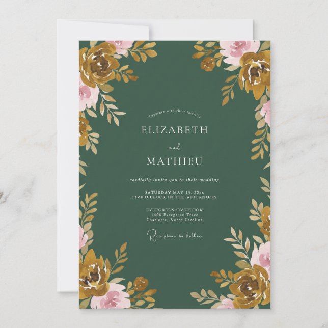 Invitation Mariage Feuilles Dorées Chaudes Moutarde (Devant)