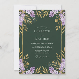 Invitation Mariage Feuilles Dorées Lilas