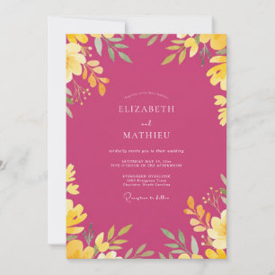 Invitation Mariage Feuilles Dorées Magenta