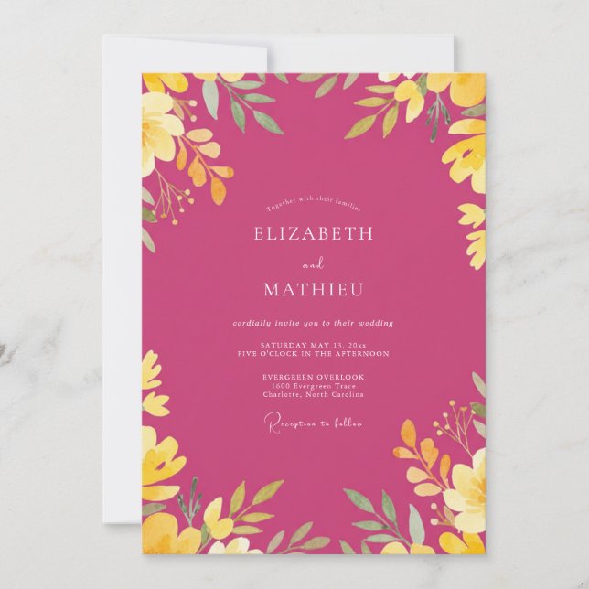 Invitation Mariage Feuilles Dorées Magenta (Devant)