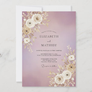 Invitation Mariage Feuilles Dorées Mauve