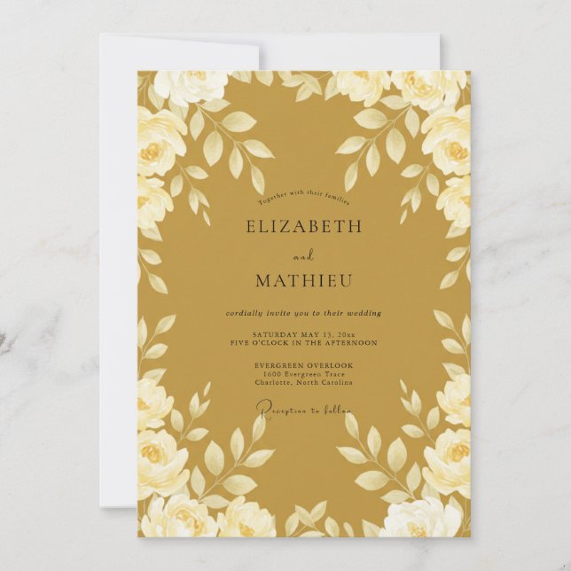 Invitation Mariage Feuilles Dorées Moutarde (Devant)