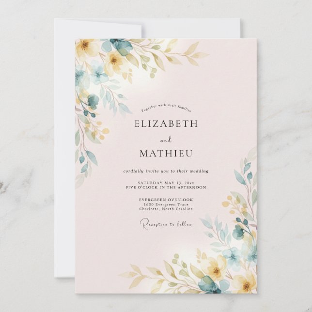 Invitation Mariage Feuilles Dorées Rose Pâle (Devant)