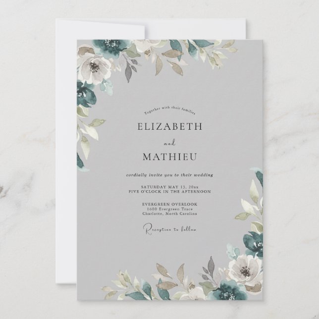 Invitation Mariage Feuilles Gris Acier Rafraîchissant (Devant)