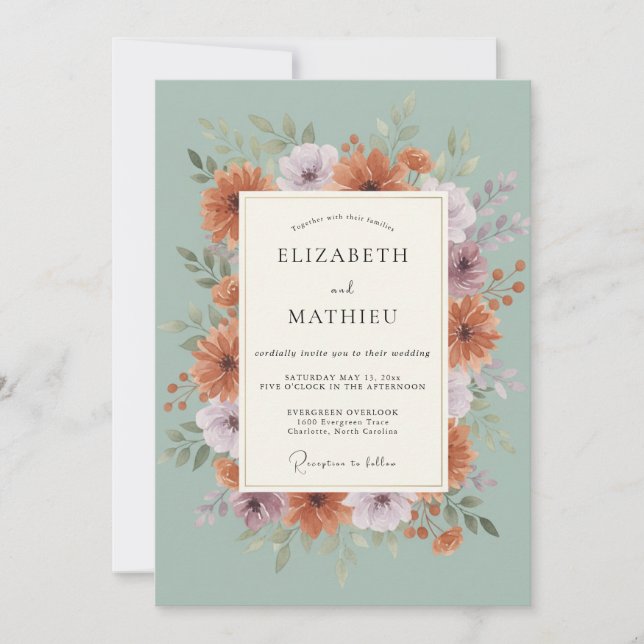 Invitation Mariage Feuilles Lavande Mousse de Mer (Devant)