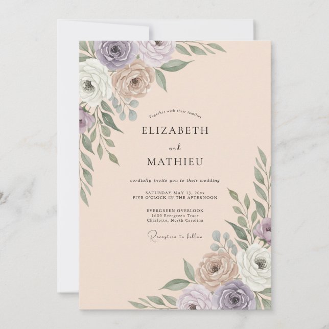 Invitation Mariage Feuilles Mauves Champagne (Devant)