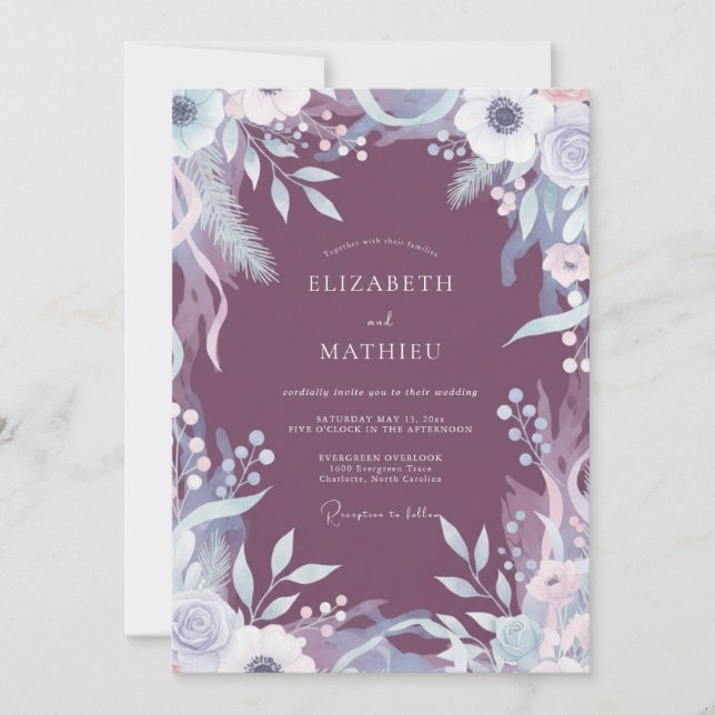 Invitation Mariage Feuilles Peintes Mauves (Devant)