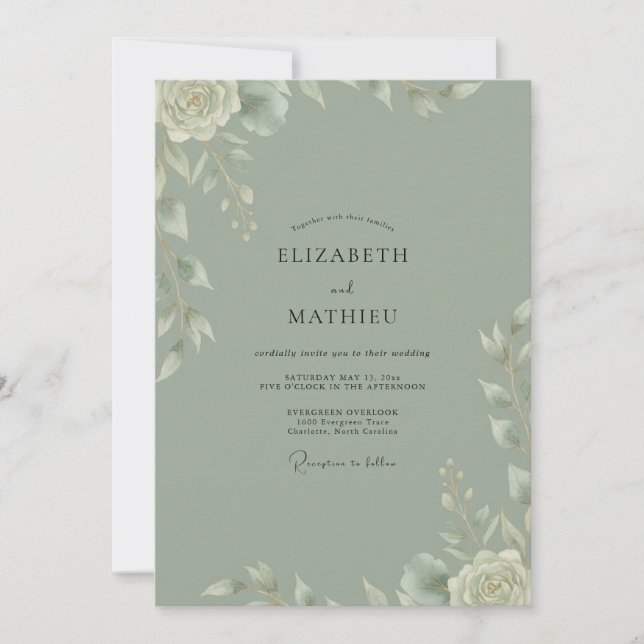 Invitation Mariage Feuilles Peintes Sauge (Devant)