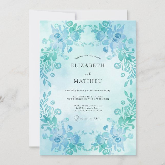 Invitation Mariage Feuilles Peintes Turquoise (Devant)