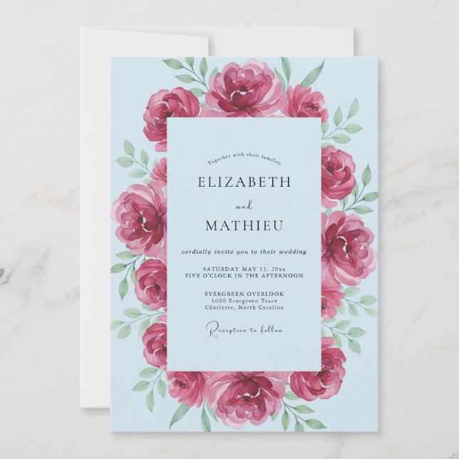 Invitation Mariage Feuilles Poudrées Magenta (Devant)